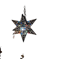 Moroccan Star Pierced Metal Pendant Lamp with Multicolored Glass