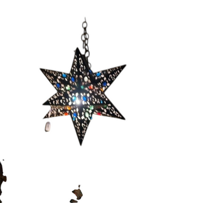Moroccan Star Pierced Metal Pendant Lamp with Multicolored Glass