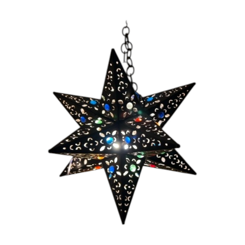 Moroccan Star Pierced Metal Pendant Lamp with Multicolored Glass
