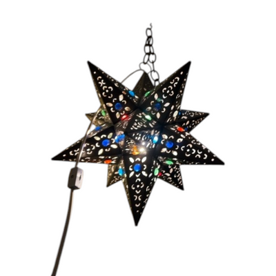 Moroccan Star Pierced Metal Pendant Lamp with Multicolored Glass