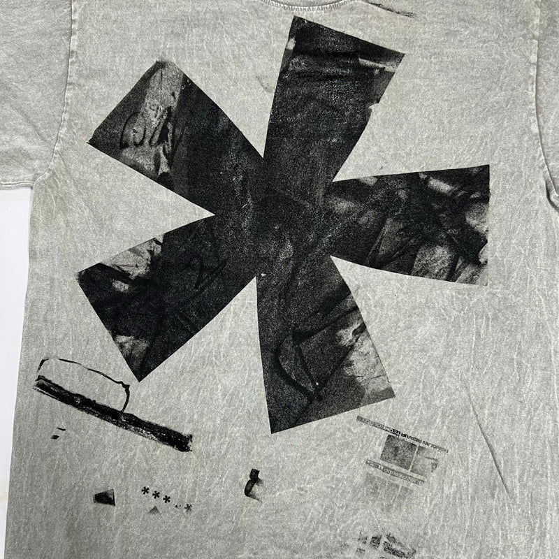 Five Star Silver grey acid-wash crewneck t-shirt with a large, distressed black star graphic print.