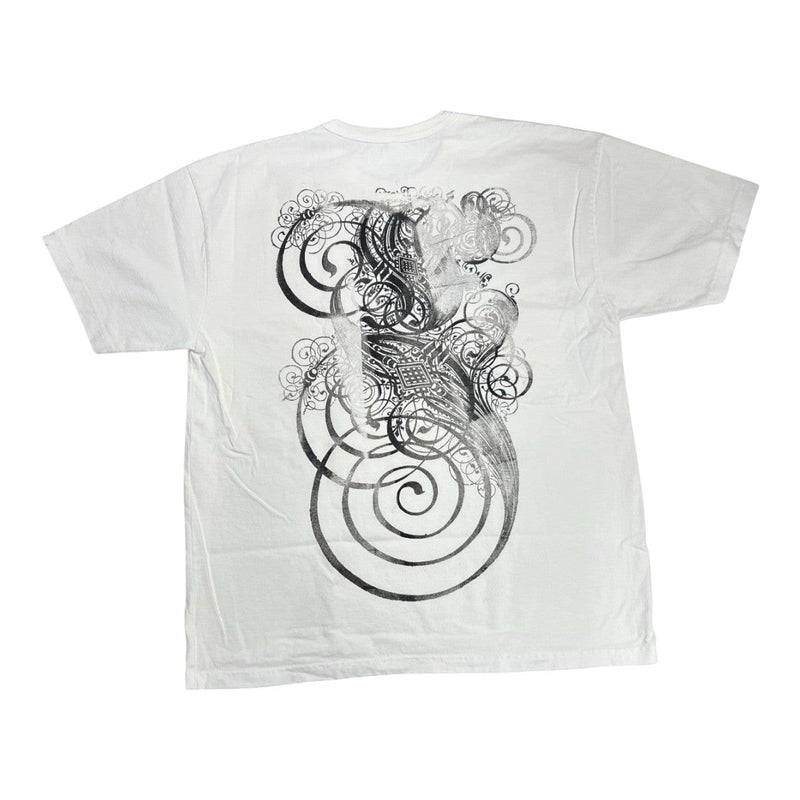 Five Star Silver off-white crewneck t-shirt featuring a large black abstract swirl graphic print on the back.