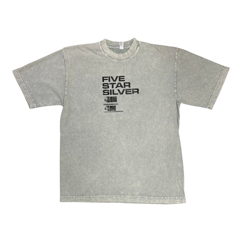 Five Star Silver grey mineral-wash heavyweight cotton crewneck t-shirt with black chest graphic print.