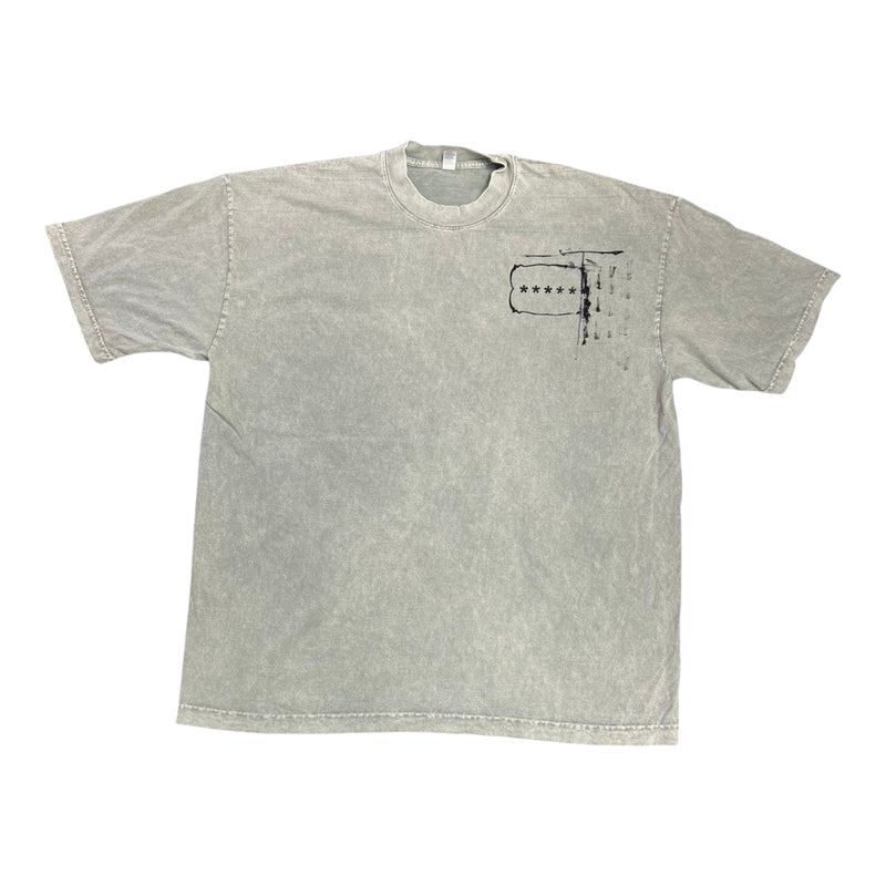 Five Star Silver heavyweight grey garment-dyed cotton crewneck t-shirt with a black abstract chest graphic.