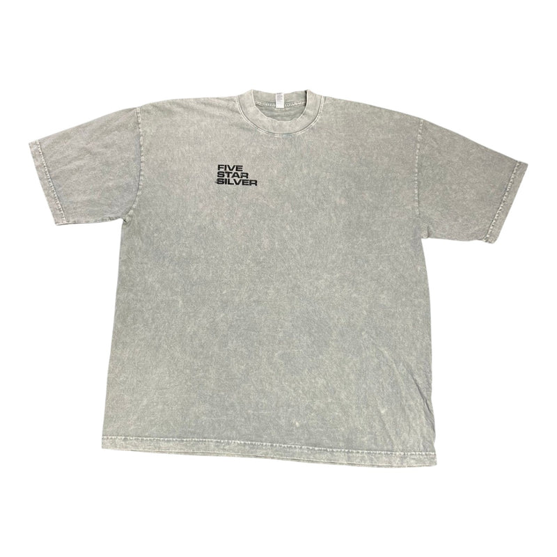 Five Star Silver heavyweight cotton t-shirt in grey mineral wash with a black chest logo graphic.