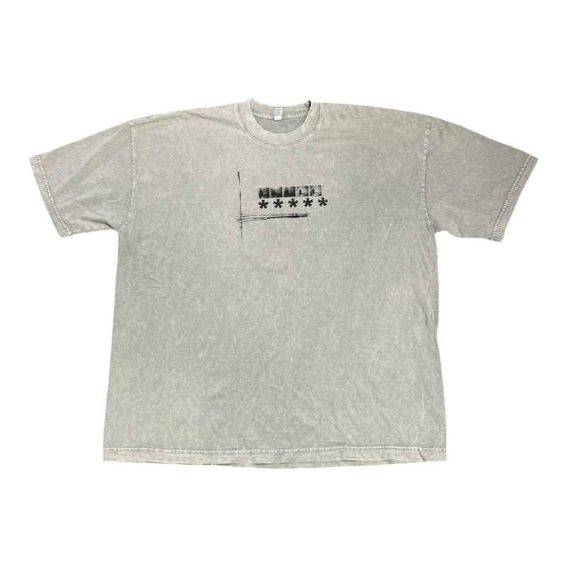 Five Star Silver grey mineral-wash short sleeve crewneck t-shirt with abstract black graphic print on the chest.