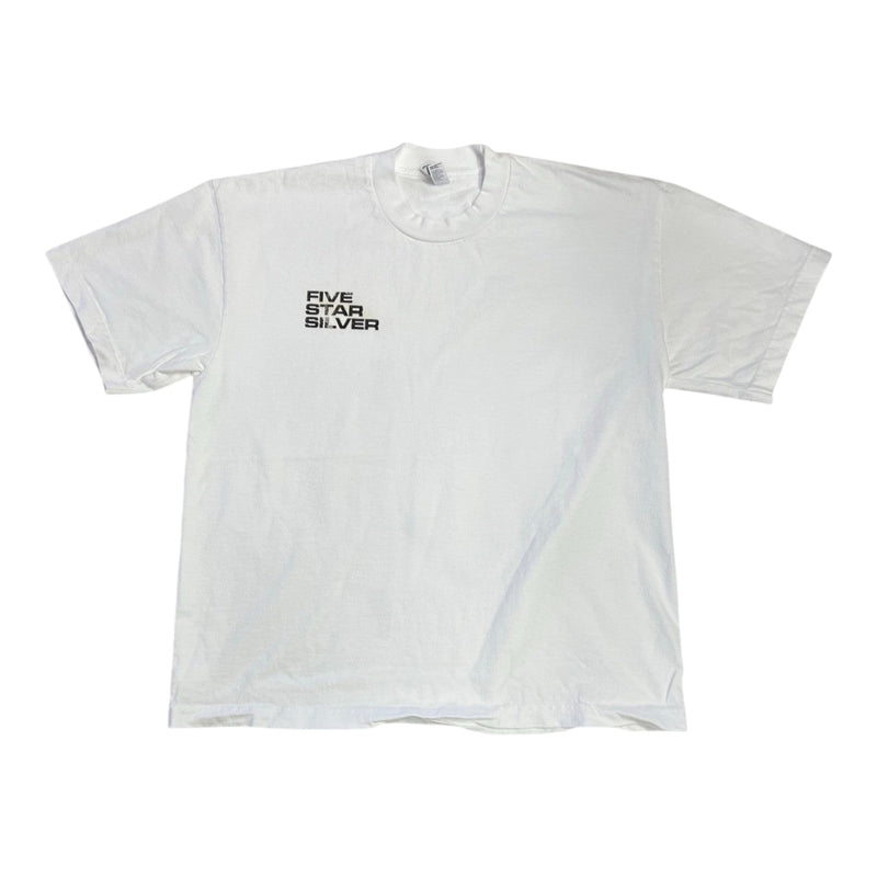 Five Star Silver heavy-weight white crewneck t-shirt with a black chest logo, made in the USA.